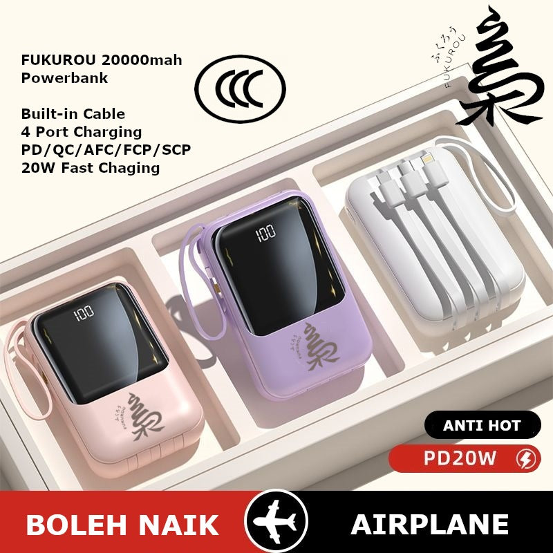 FUKUROU 3C Certification Power Bank CCC 20W PD Fast Charging 20000mah Built In 4 Cable Digital Display For Phone Camping