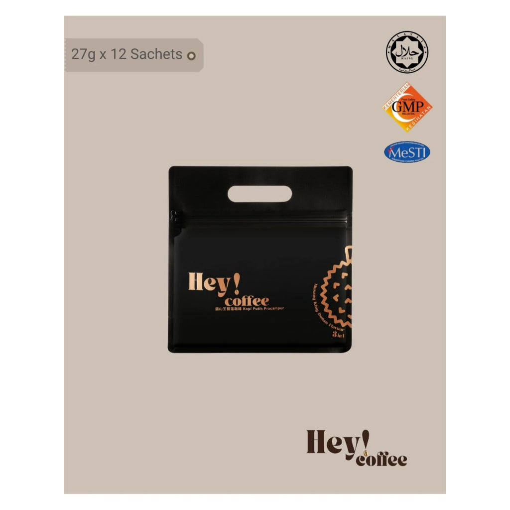 Hey! Coffee Musang King Durian White Coffee Malaysia Premium Instant Mix 猫山王榴莲白咖啡 (27g x 12s)