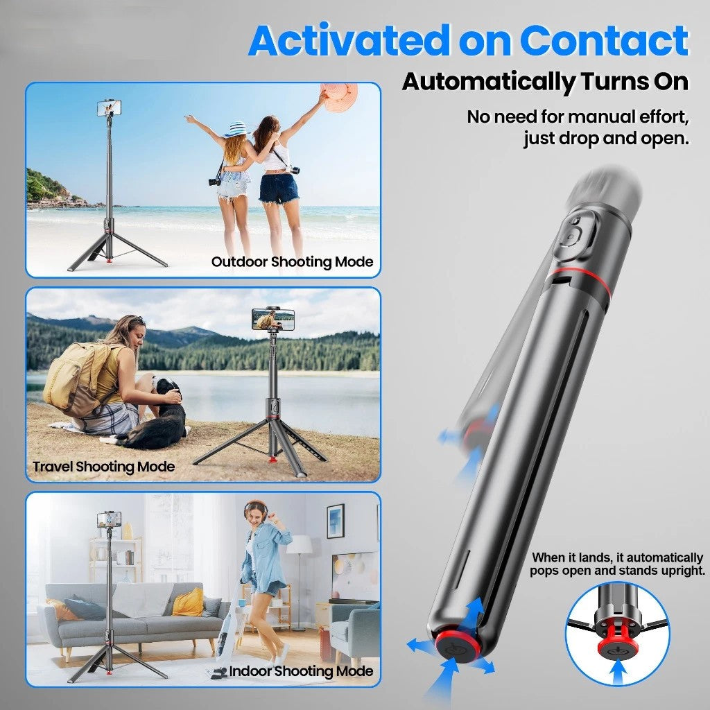 FUKUROU Auto Open Tripod 177cm Auto Jump Open Selfie Stick Auto Close with Magnetic Bluetooth Remote