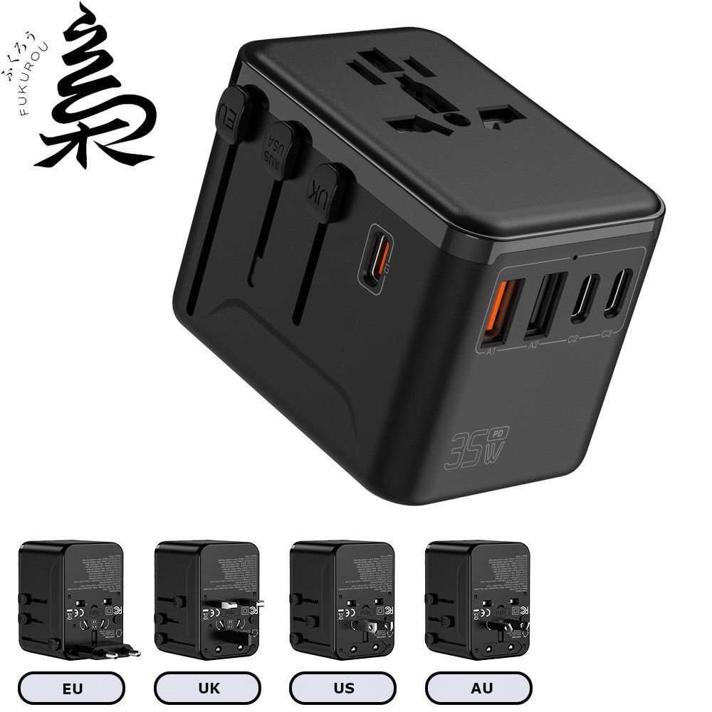 FUKUROU Universal International Plug Travel Adapter Plug Fast Charging 3-Type C 2-USB Penyesuai Sejagat