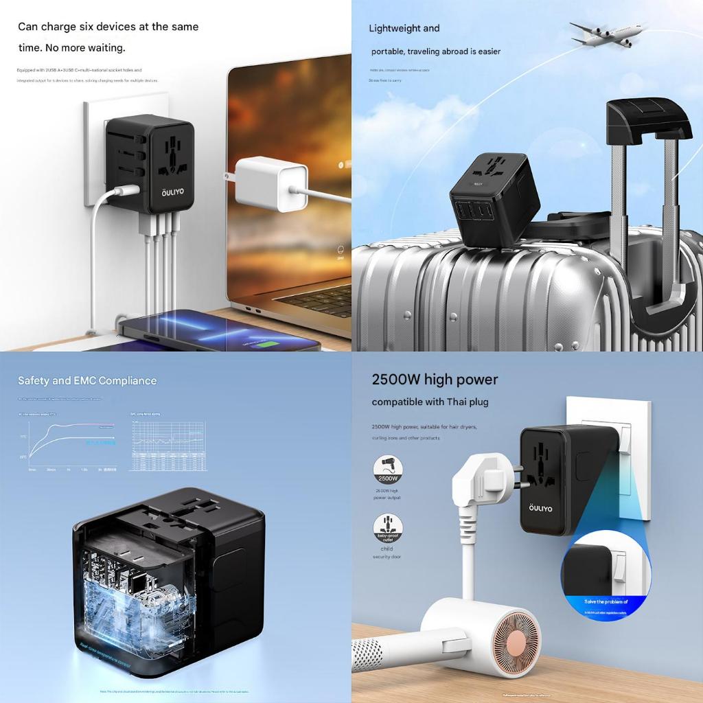 FUKUROU Universal International Plug Travel Adapter Plug Fast Charging 3-Type C 2-USB Penyesuai Sejagat