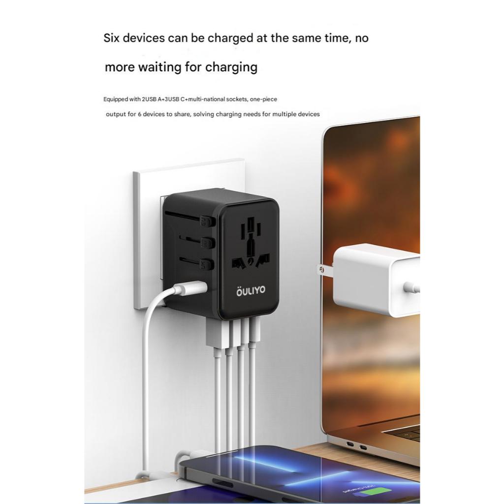 FUKUROU Universal International Plug Travel Adapter Plug Fast Charging 3-Type C 2-USB Penyesuai Sejagat