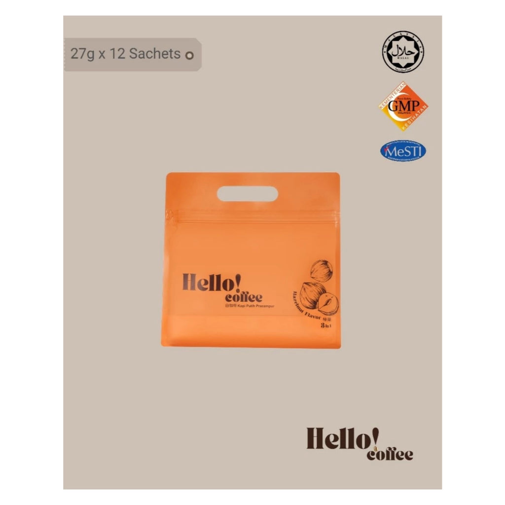 [Halal] Hello! Coffee Hazelnut White Coffee Premix 3-in-1 Instant Kopi Putih (27g x 12 Sachets)