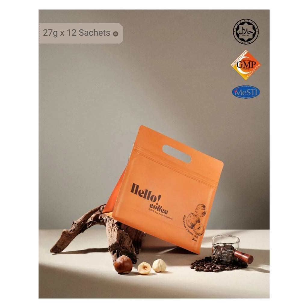 [Halal] Hello! Coffee Hazelnut White Coffee Premix 3-in-1 Instant Kopi Putih (27g x 12 Sachets)